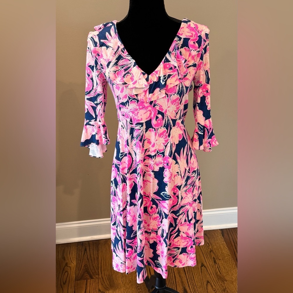 Women’s LILLY PULITZER Stirling dress- Inky Navy Flamingle. Size medium - Picture 2 of 7